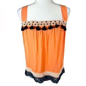 OndadeMar Orange & Navy Blue Embellished Lace Tassel Summer Casual Tank Top